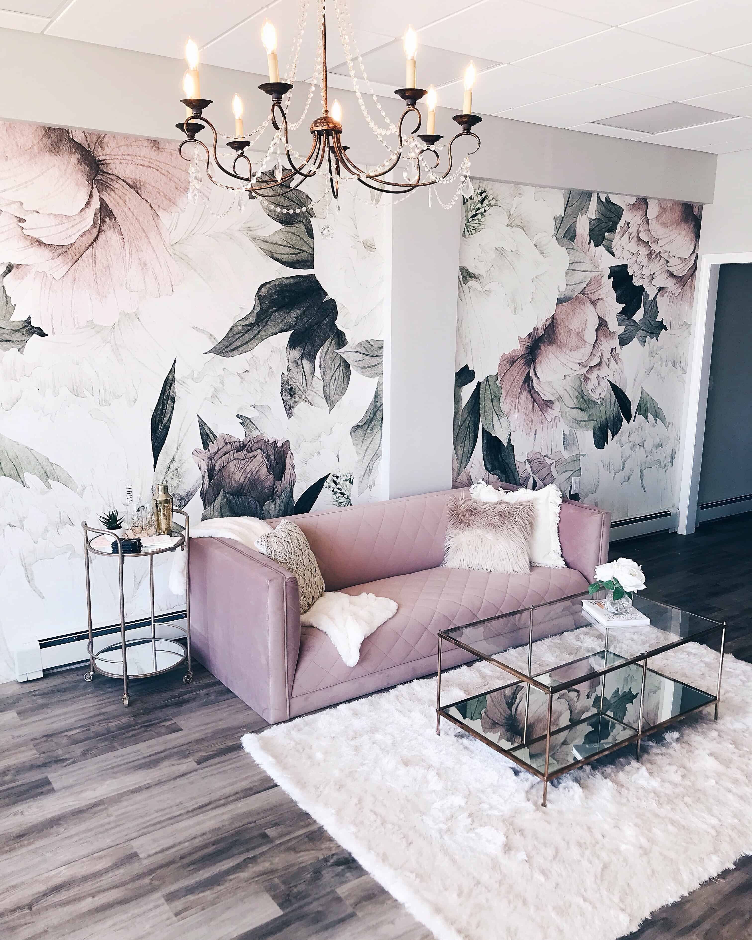 Elegant living room with patterned wallpaper